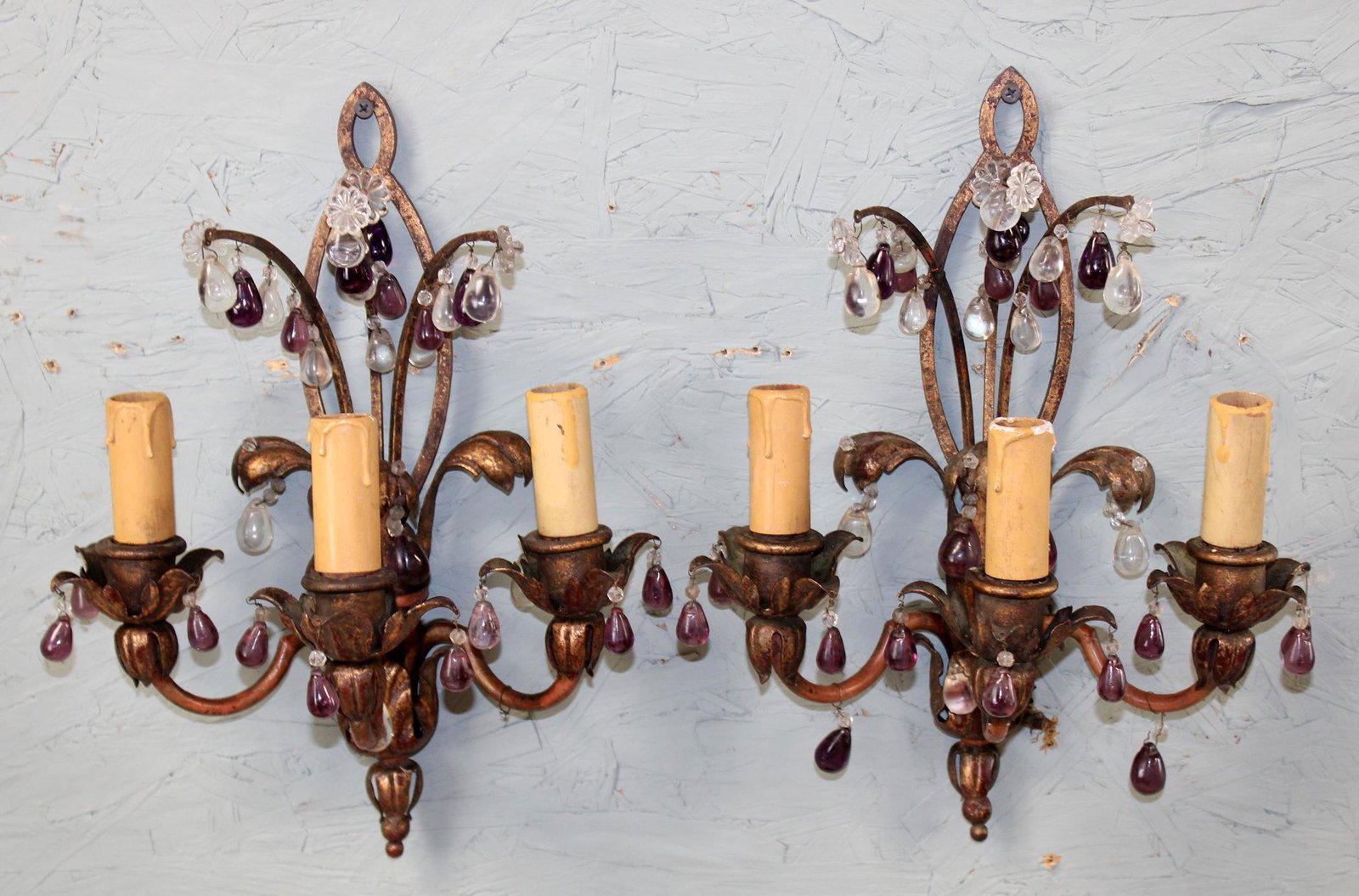 Pair of French 3 arm sconces: Pair of French 3 arm sconces with clear and purple drop crystals. 15"h x 11"W Mid 20th century