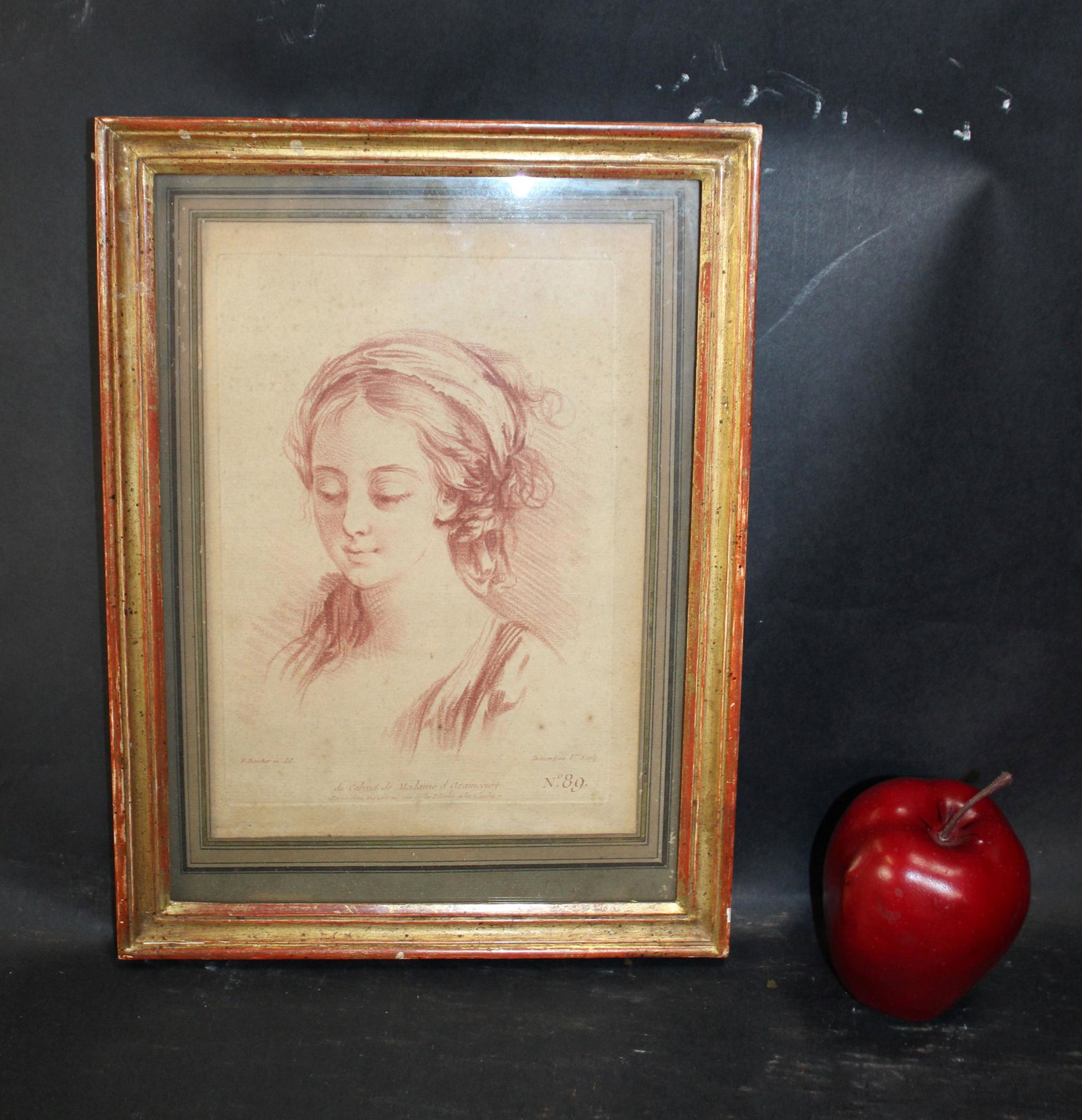 Van Buggenhoudt bookplate portrait of Madame Azaincourt: Belgian bookplate portrait of Madame Azaincourt. Printed by F. Van Buggenhoudt, Brussels. In gilt frame. Overall 12 1/2"h x 9 1/2"w, Sight 9"h x 6 1/2"w