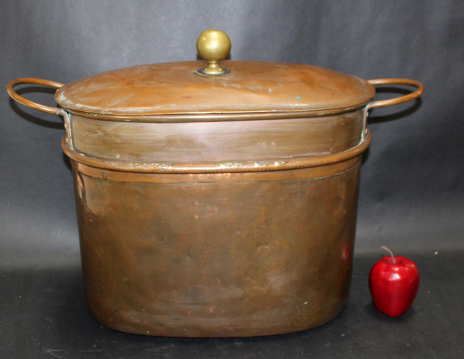 Antique French copper wash tub: Antique French copper boiler wash tub. Late 19th century. 18"h x 18 1/4"l (24"l with handles) x 11 1/4"w
