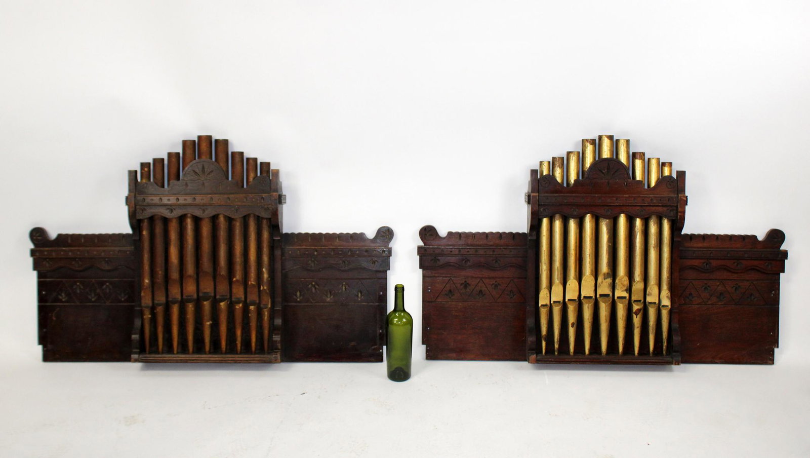 Pair of carved wooden panels: Pair of carved wooden panels in the form of organ pipes. Decorative panels. Early 20th century. 27 1/2"h x 44 1/2"w x 4 1/2"d