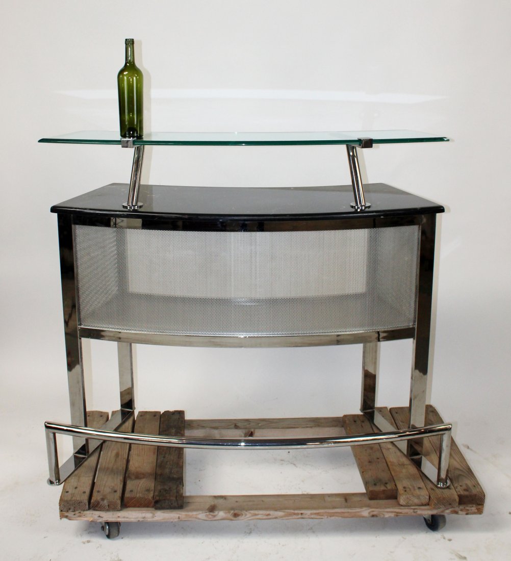 Modern chrome, glass & granite curved front bar: Modern chrome, glass and granite front bar with black granite top. 21st century. 42"h x 52"l x 20"d