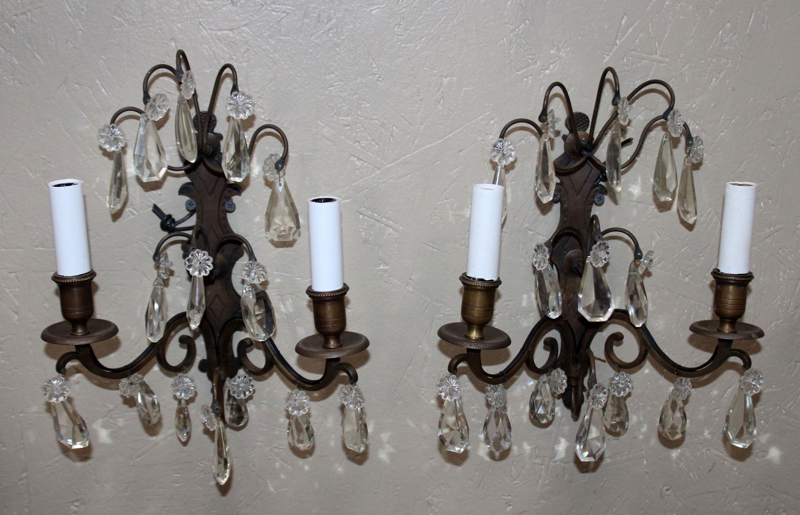 Pair of 2 arm crystal and bronze sconces (1 of 4)