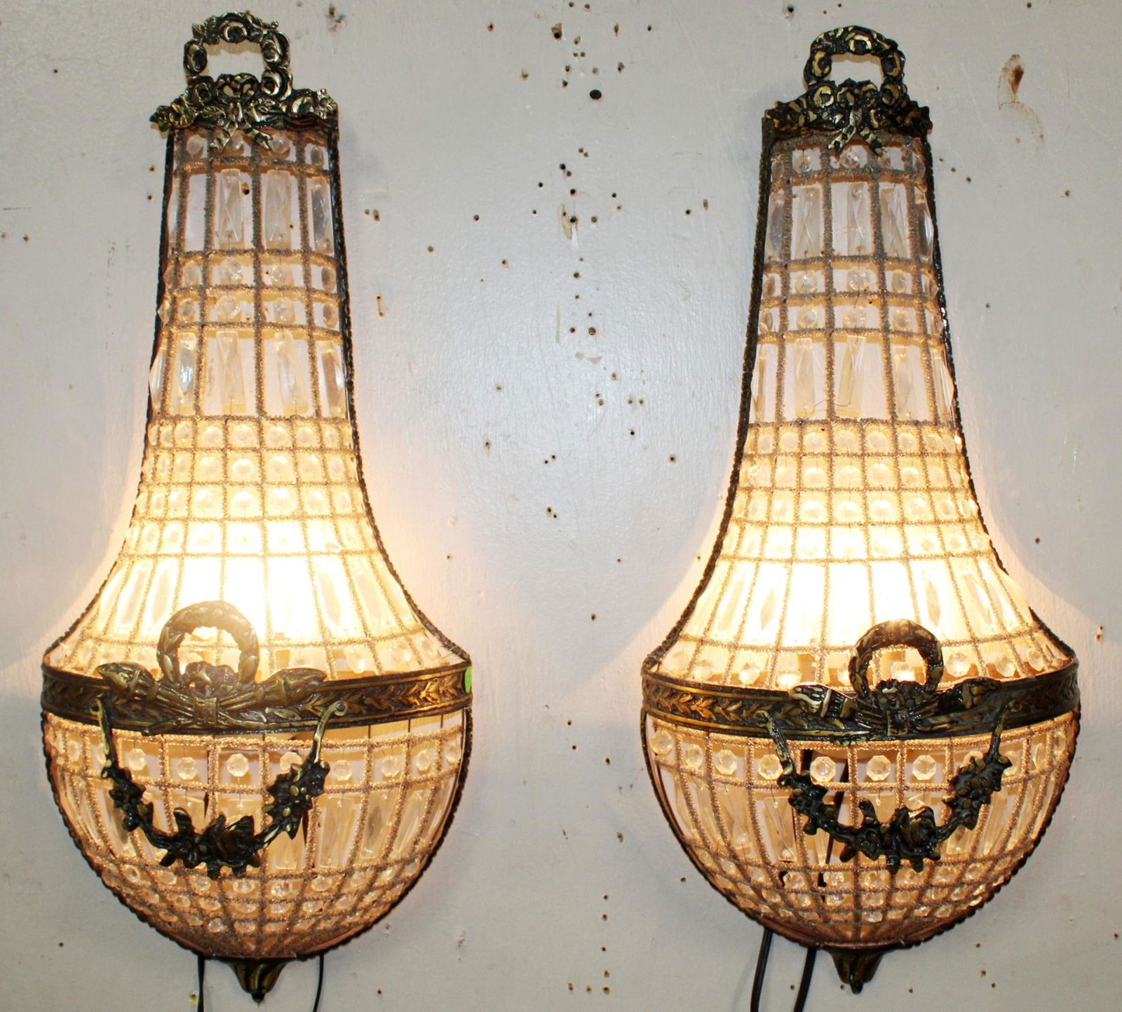 Pair Louis XVI style bronze & crystal sconces (1 of 6)