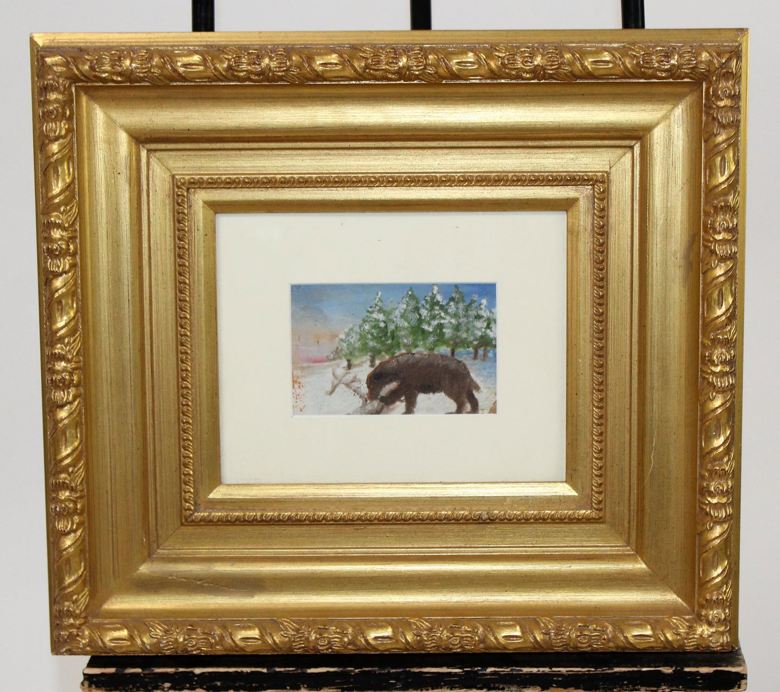 Miniature painting of bear in gilt frame (1 of 3)