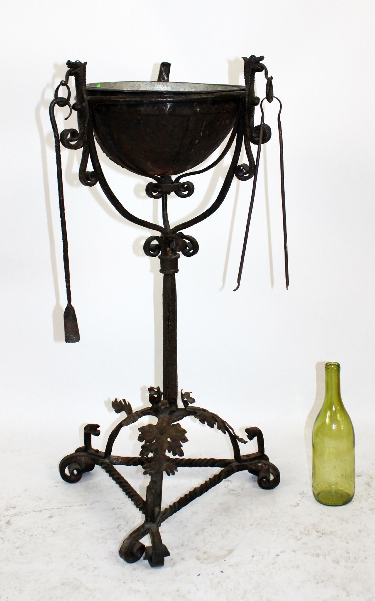 French 19th century wrought iron brazier: French 19th century wrought iron brazier. 32"h x 15"diam