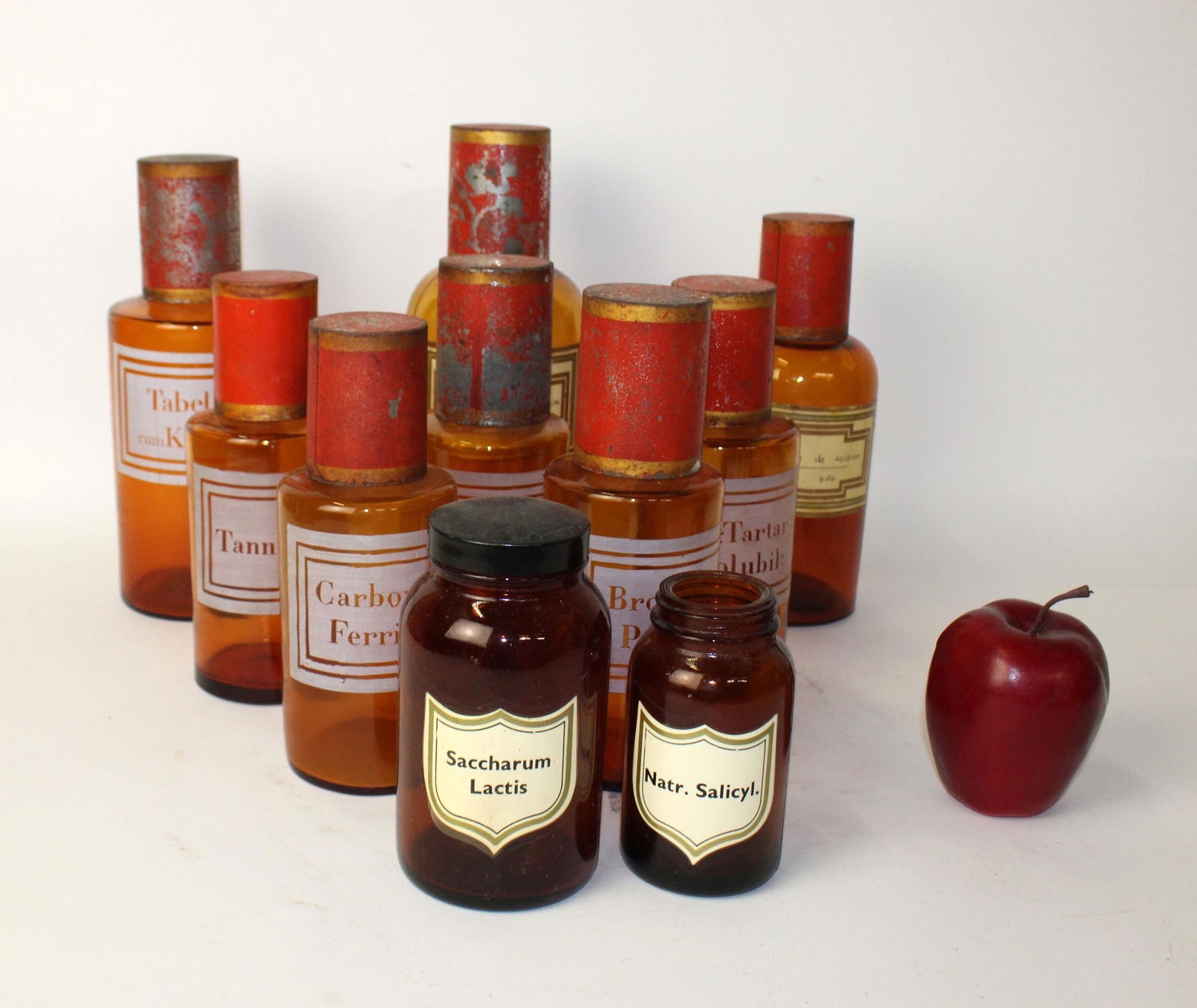 Lot of 10 French amber glass apothecary bottles (1 of 12)