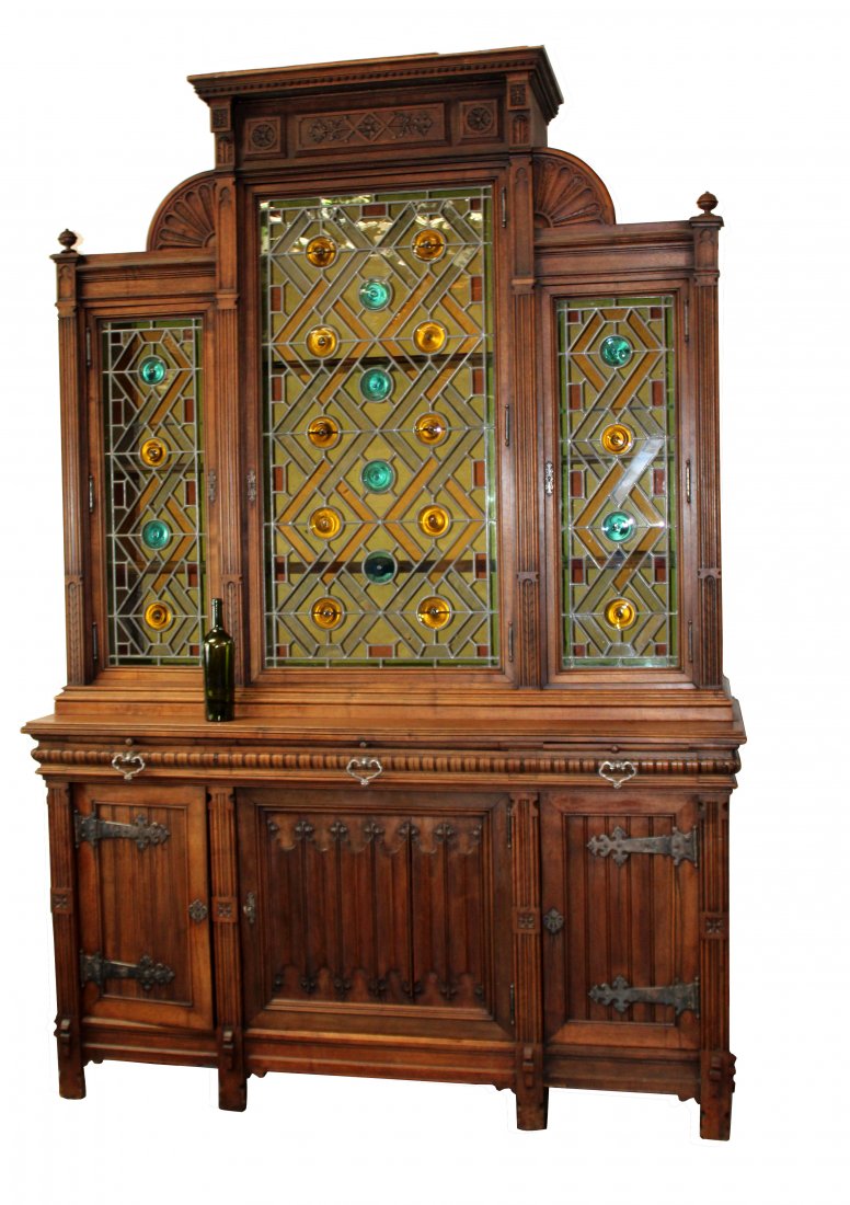 French Gothic Revival bookcase in walnut with stained (1 of 10)