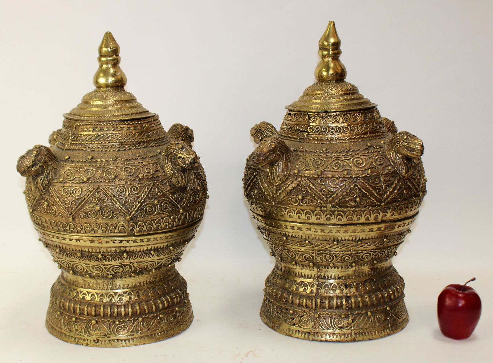 Pair of bronze temple urns with foo lions (1 of 9)