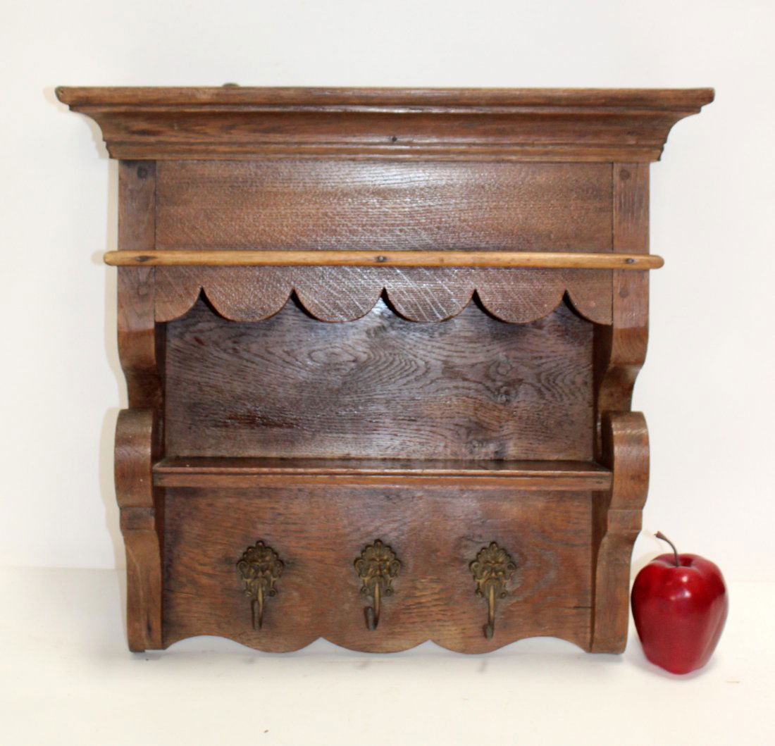 Flemish oak tiered wall shelf with brass hooks (1 of 8)