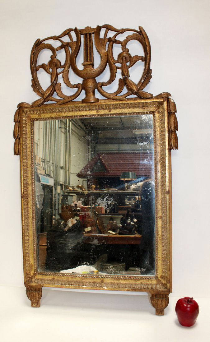 French Louis XVI style gilt mirror with lyre crest (1 of 9)