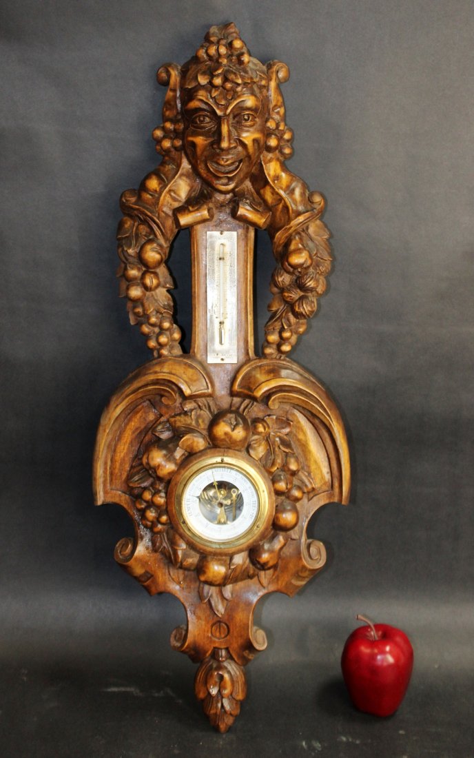 French carved walnut barometer with Bacchus head (1 of 8)