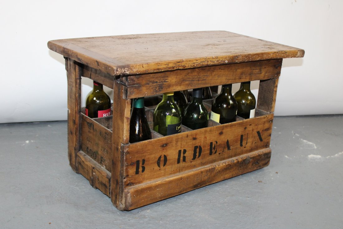 French wine crate bench: French wine crate bench. 15 3/4"h x 26 1/4"w x 14 1/2"d **Bottles in crate are for display purposes only**