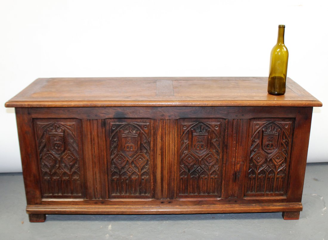 French Gothic Revival carved walnut trunk with crests (1 of 10)