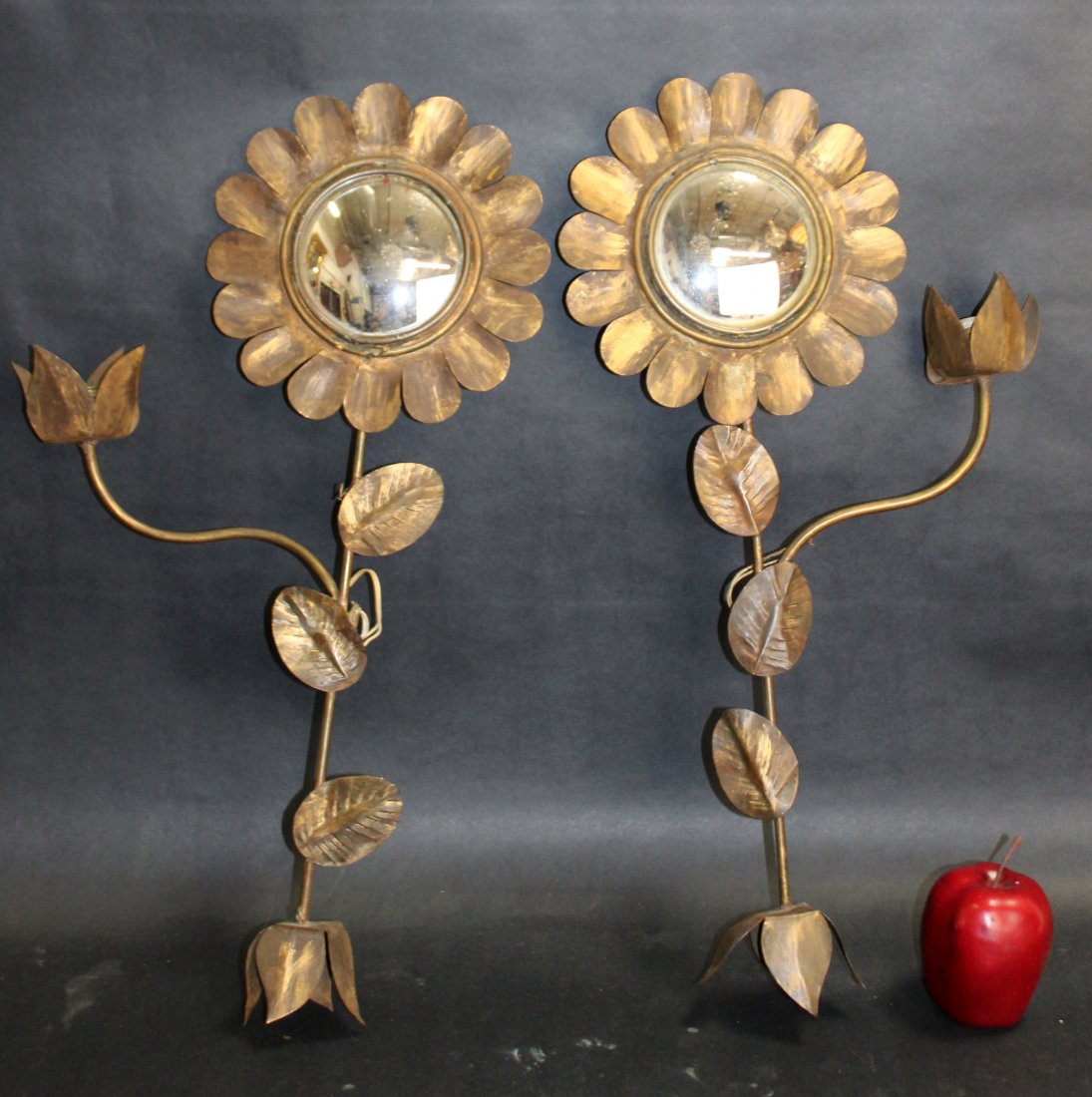 Pair mid century brass sunflower sconce w/ convex glass (1 of 8)