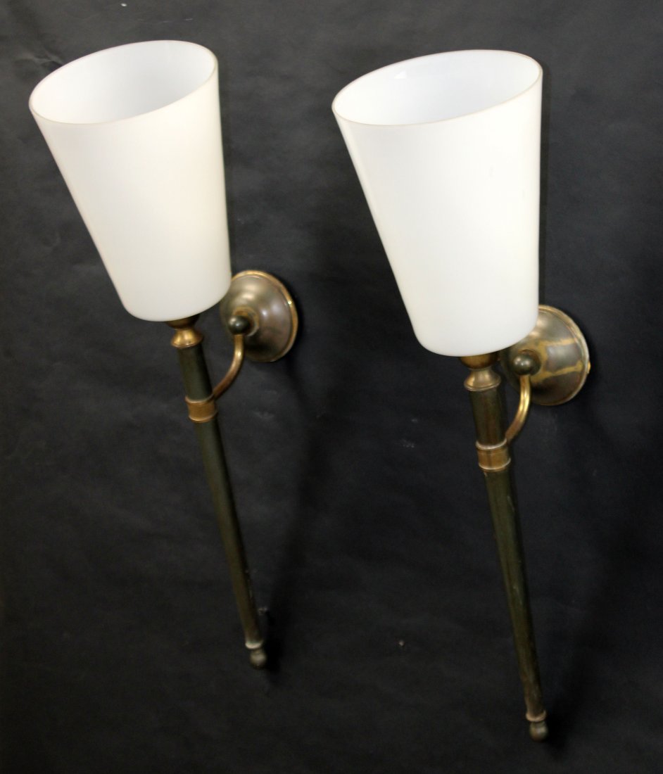 Pair French bronze torch wall sconces with glass shades (1 of 9)