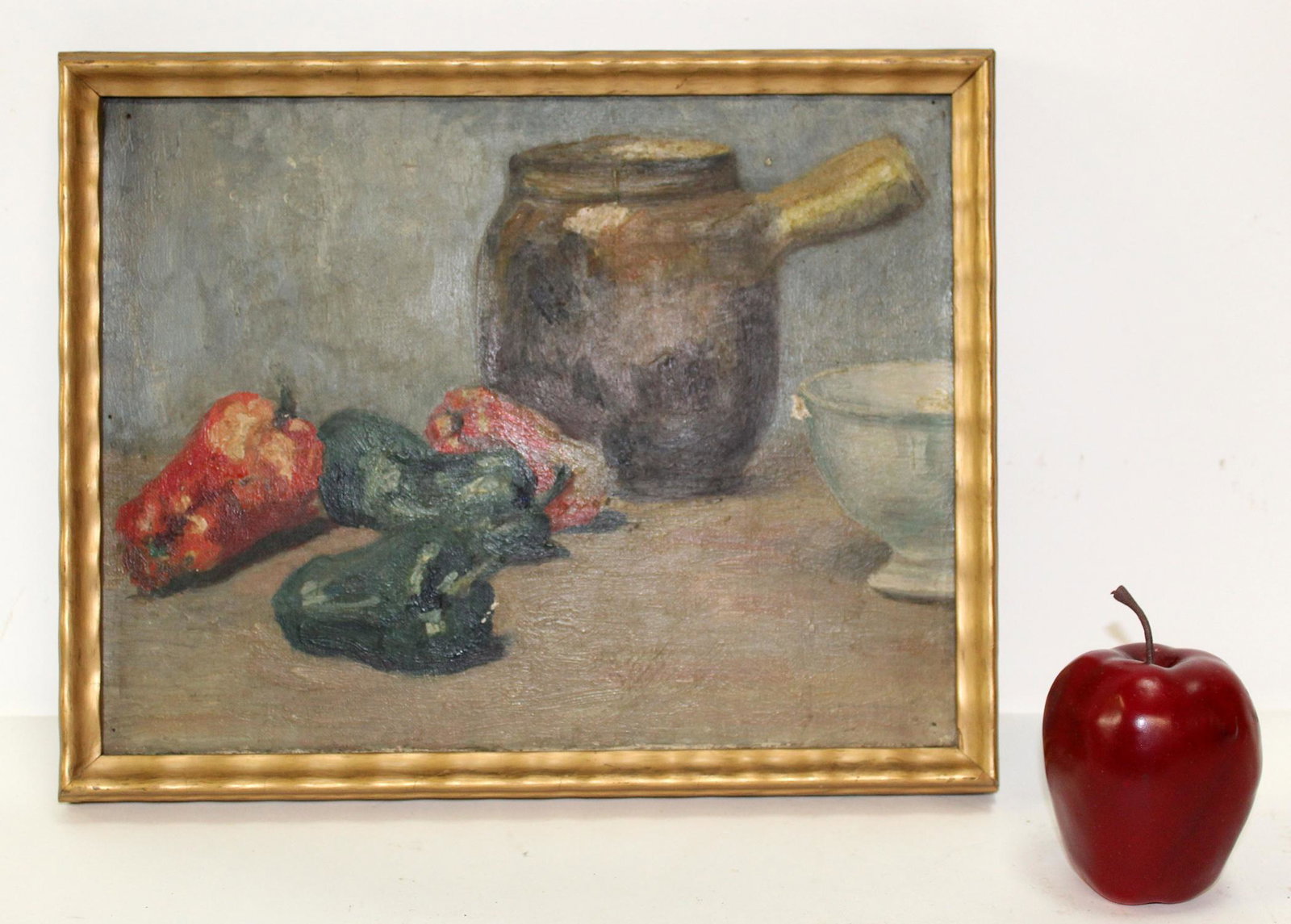 Antique oil on canvas still life with peppers: Antique oil on canvas painting still life with peppers. 12"h x 15"w overall, 10 3/8"h x 13 1/2"w