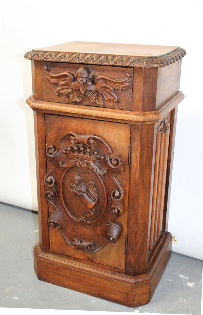 French carved walnut chevet with lion (1 of 8)