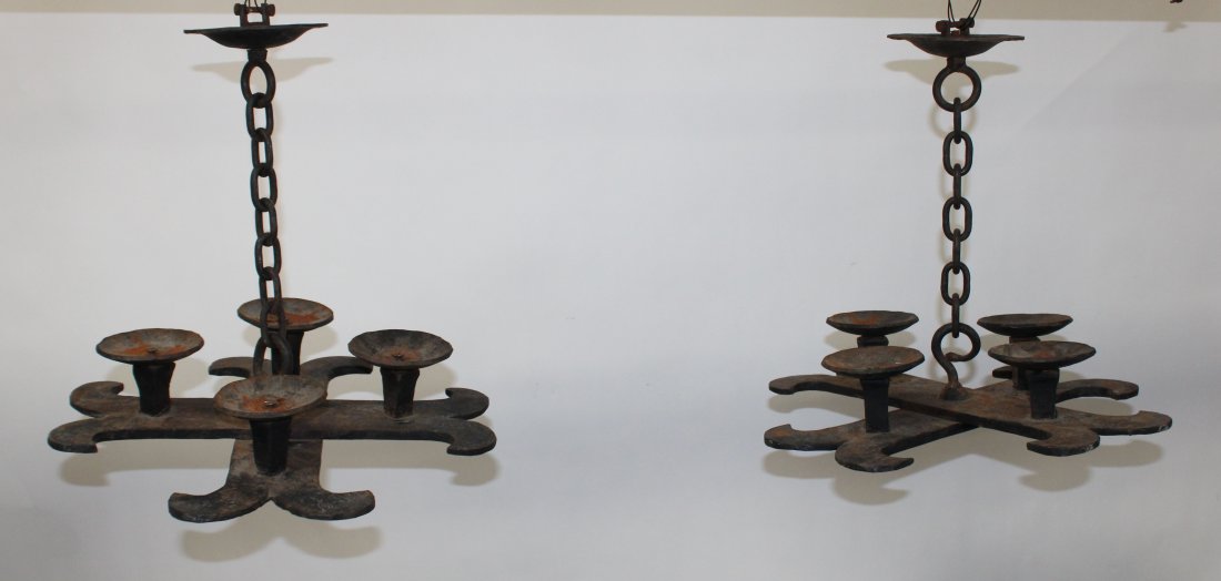 Pair French forged iron candle chandeliers (1 of 10)