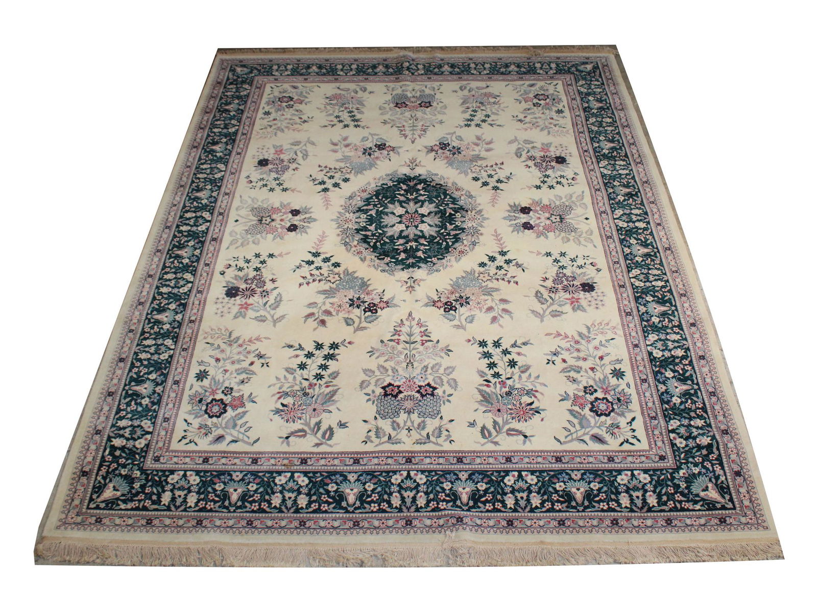 Wool 11'7" x 8'5" green and white rug (1 of 10)