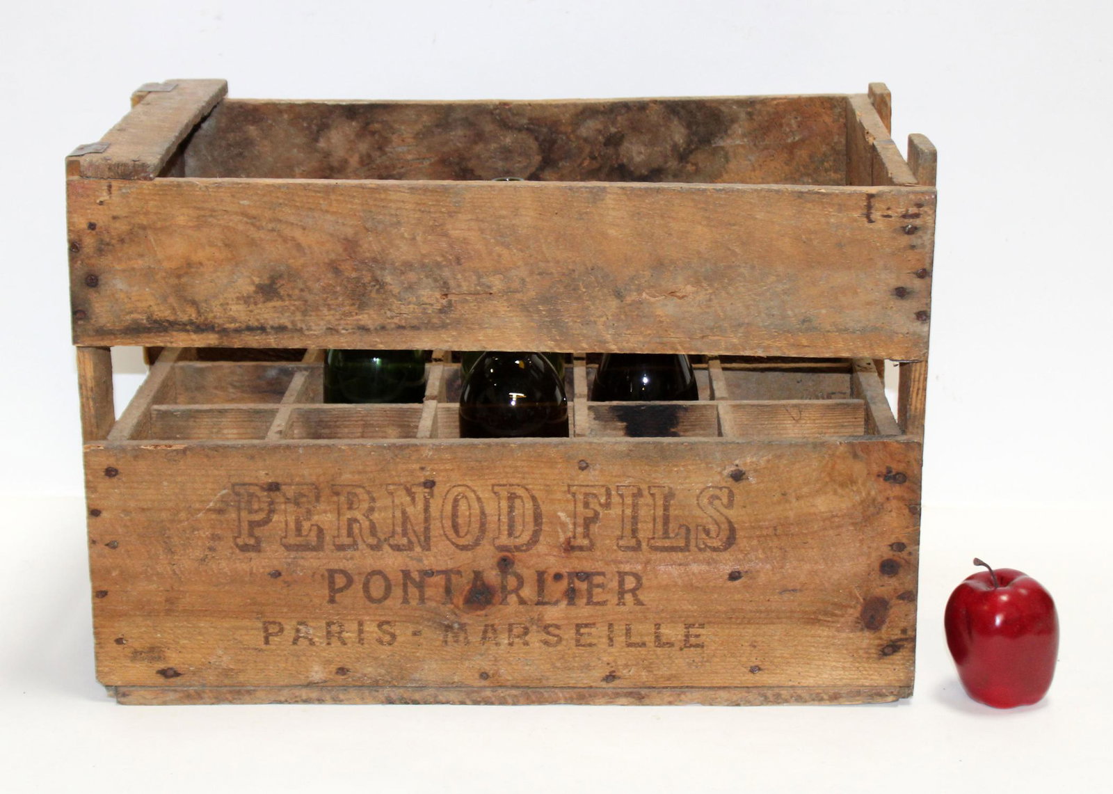 French wooden wine bottle crate: French wooden wine bottle crate. 14 1/4"h x 23"W x 13 1/4"d