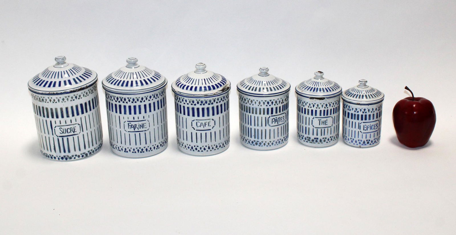 Set of 6 French antique blue & white enamel canisters (1 of 8)