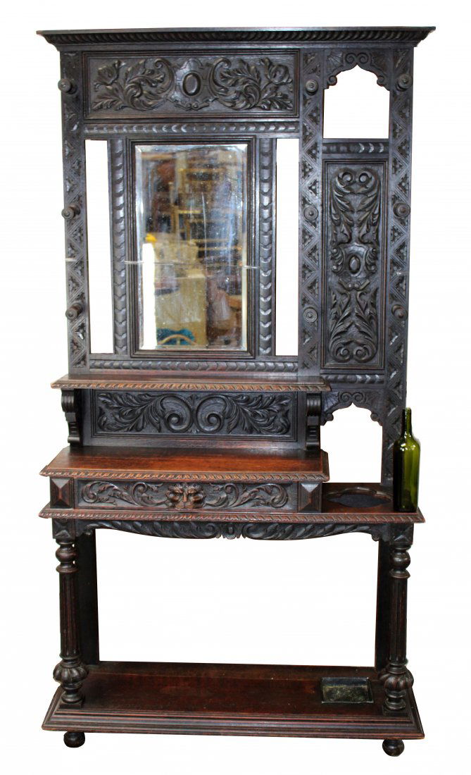 Renaissance Revival carved oak halltree (1 of 8)