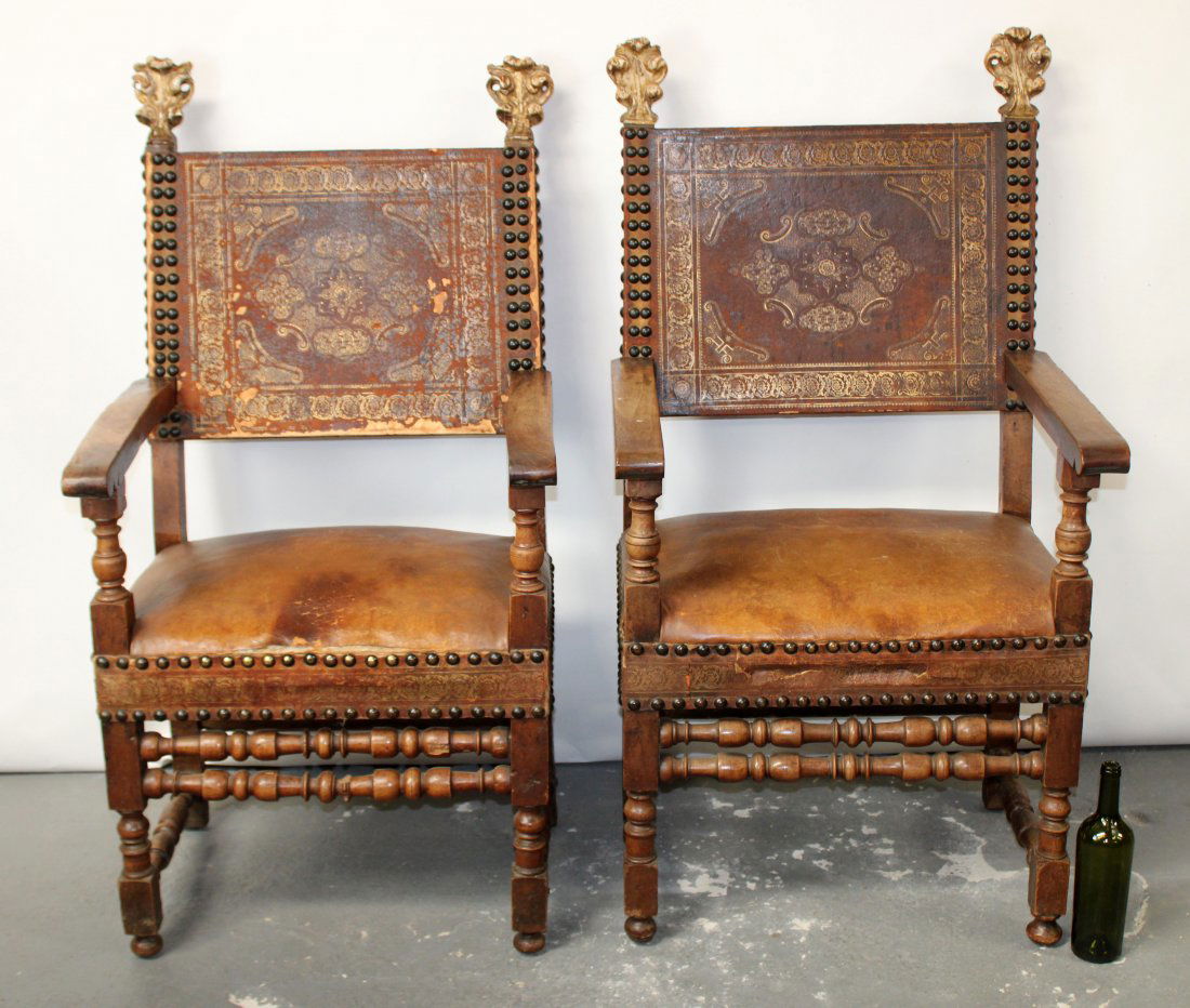 Pair Italian throne chairs with tooled leather (1 of 9)