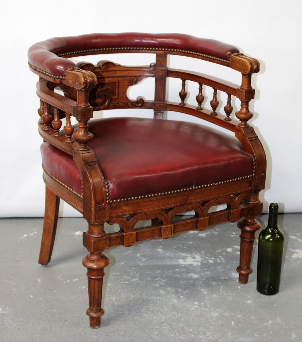French curved back walnut & leather desk chair (1 of 8)