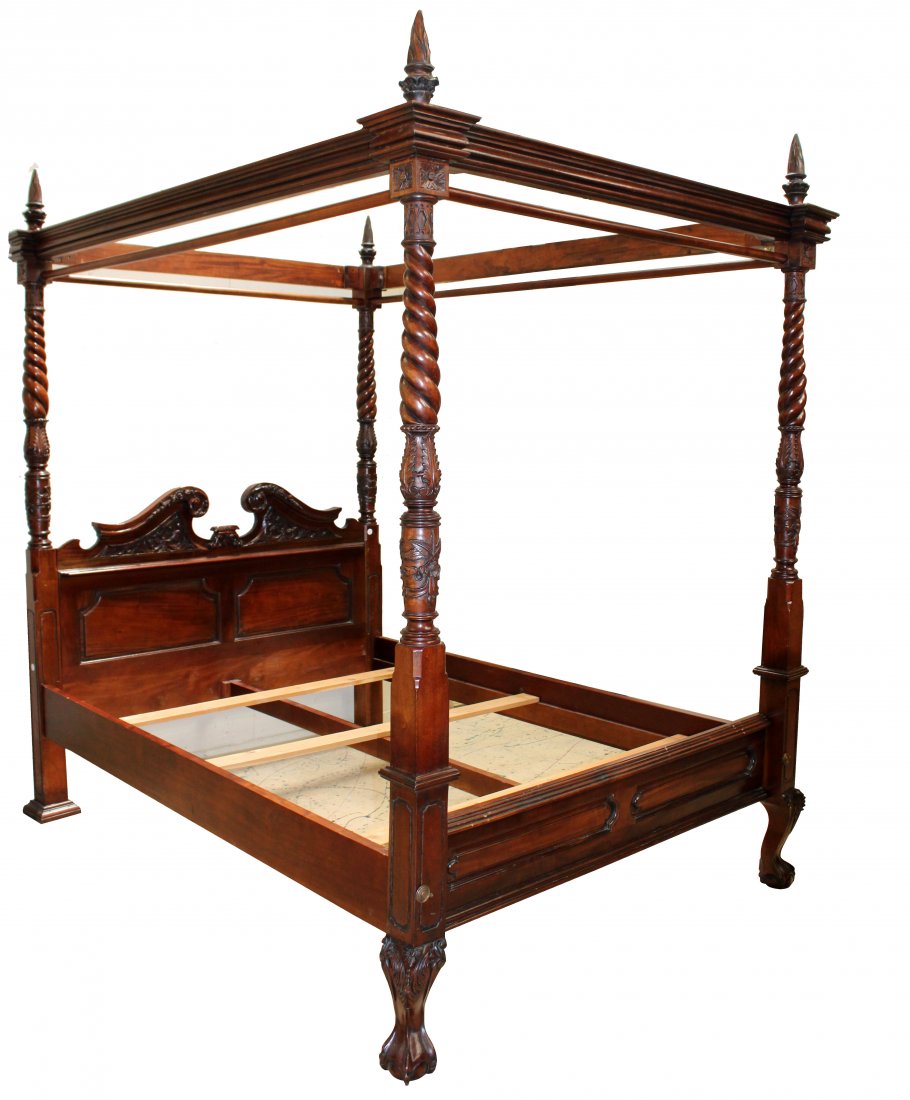 Carved mahogany queen size 4 poster canopy bed (1 of 9)