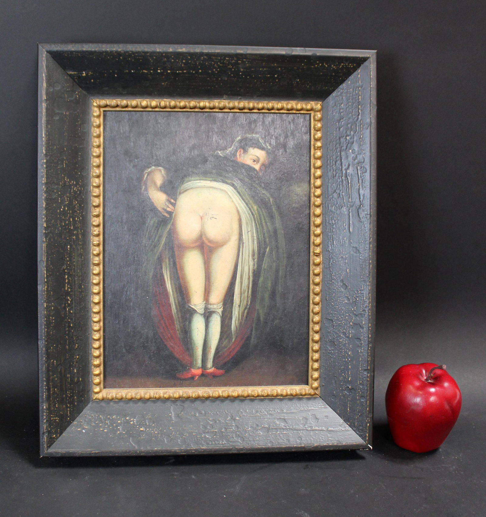 Giclee oil on board satirical portrait of a woman: Giclee on board after an 18th century satirical work depicting a woman's backside. Meant to express displeasure over political climate at the time. Overall 16 1/8" x 13 3/8"w