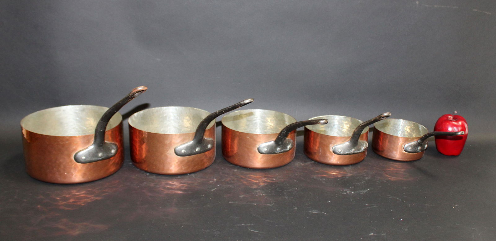 Nest of 5 French hand hammered copper pots (1 of 9)