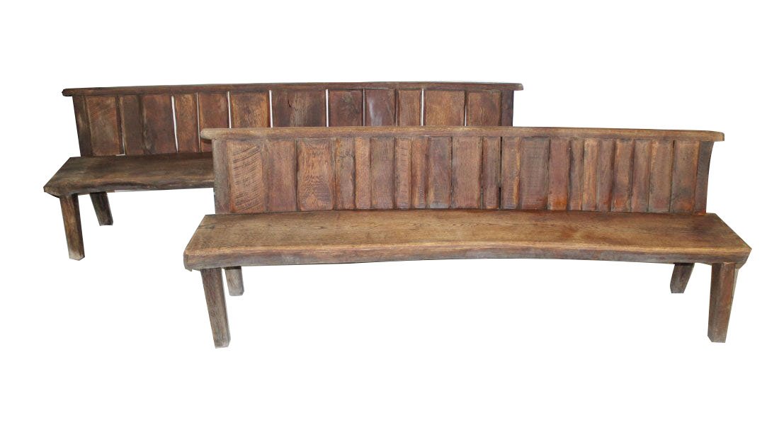 Companion pair of French primitive oak plank back bench (1 of 10)