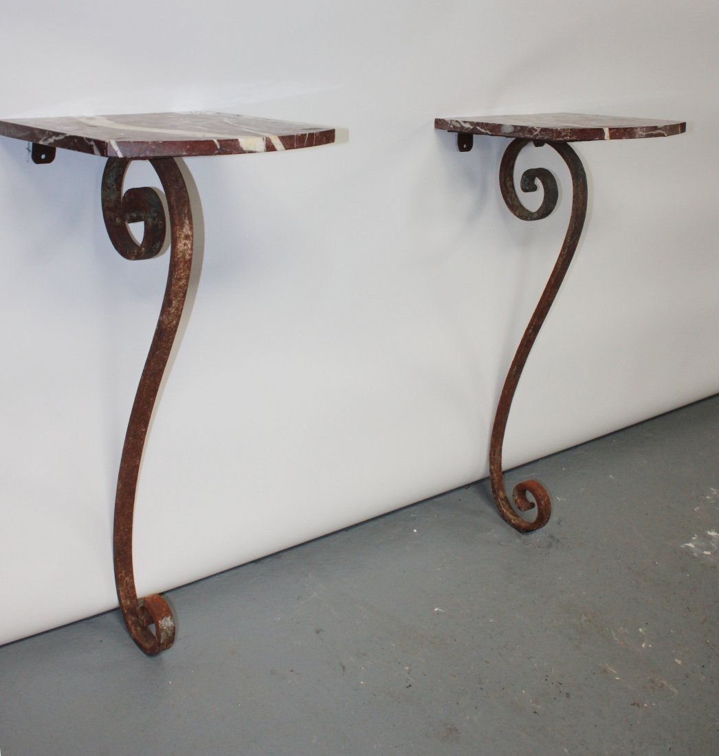 Pair French forged iron wall consoles with marble (1 of 6)