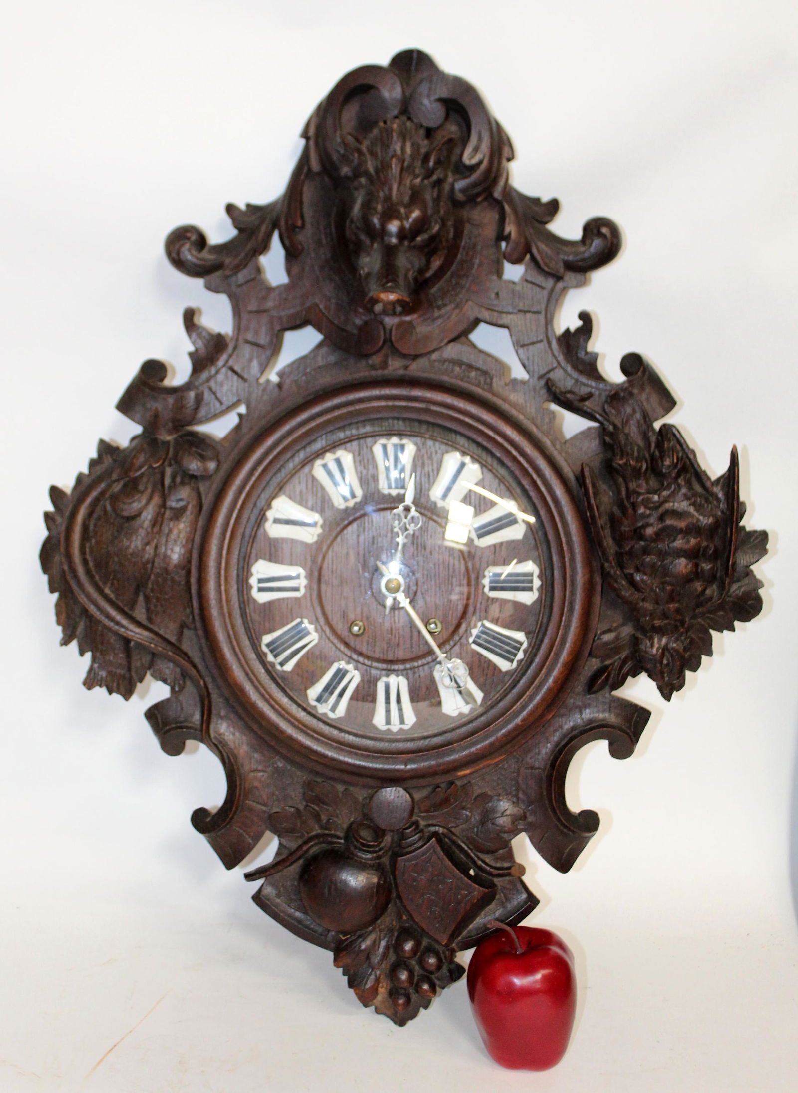French carved oak wall clock with boar head focal (1 of 9)