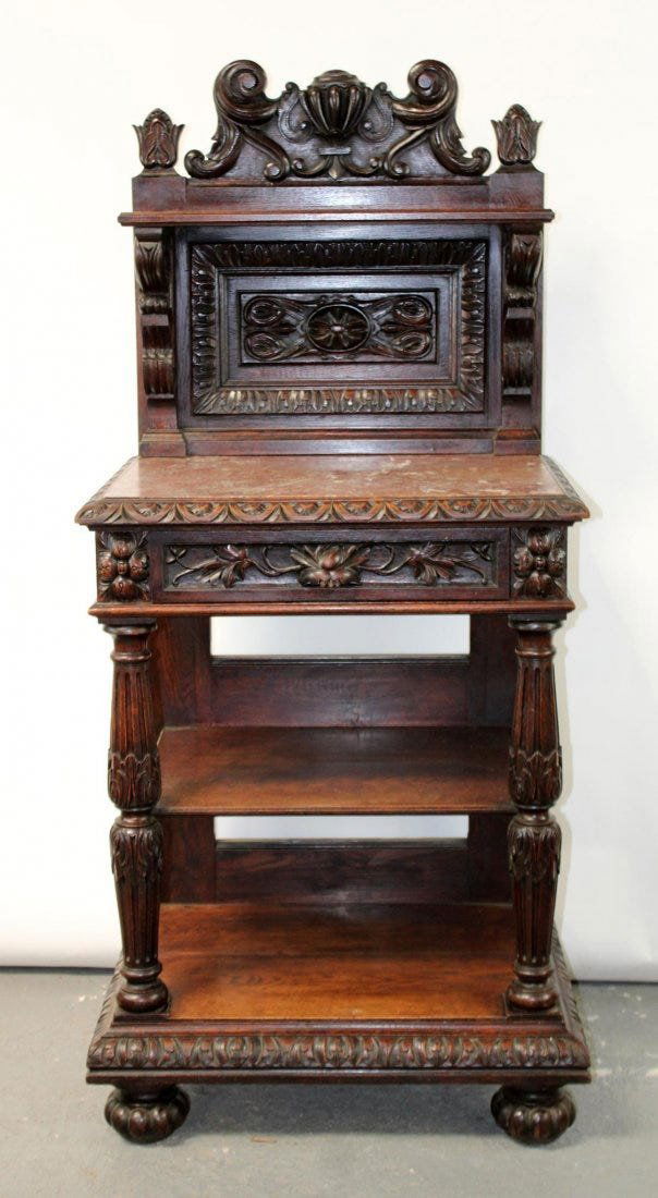 French carved oak tiered server with marble (1 of 8)