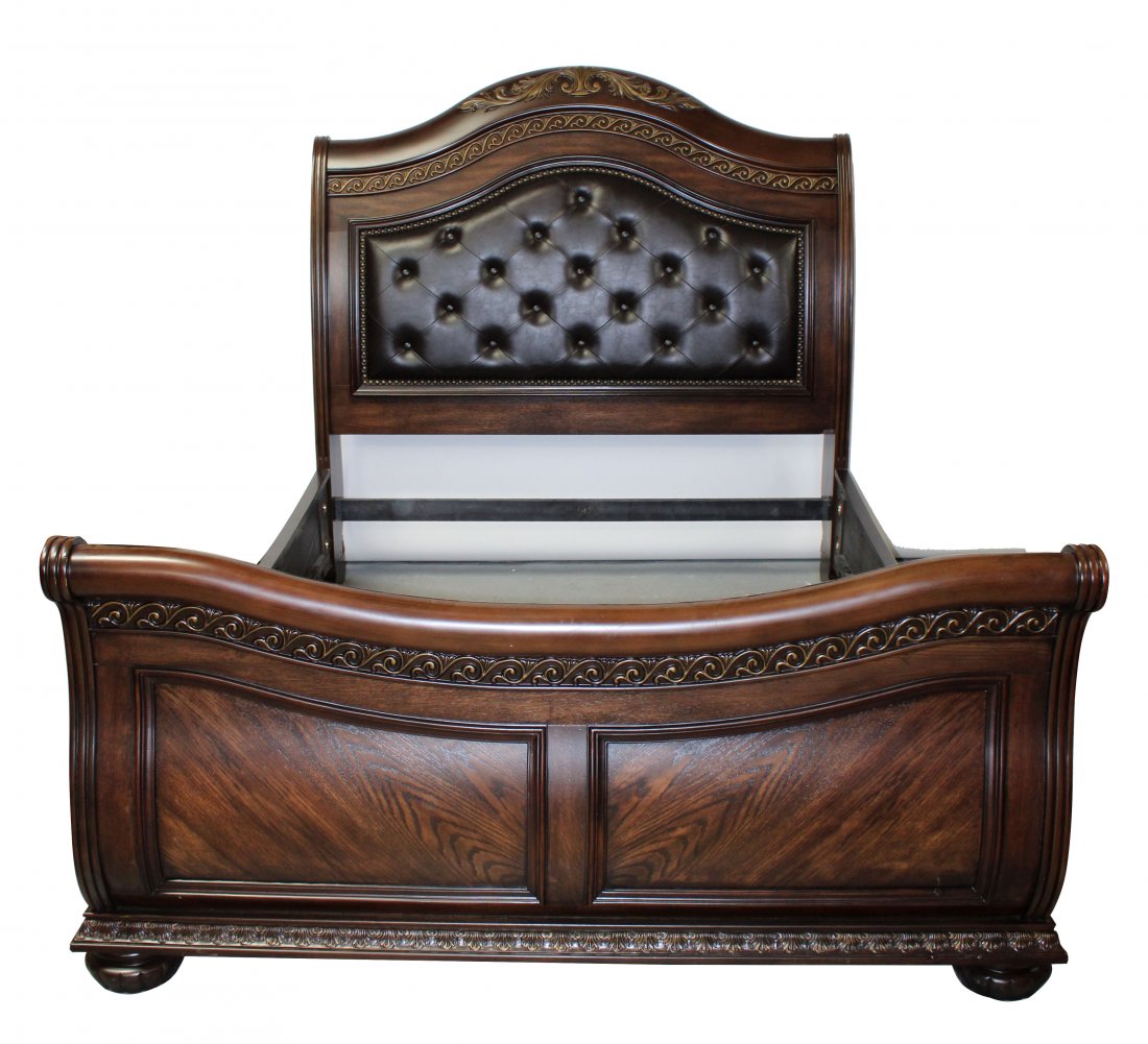 Queen size mahogany tufted leather bed (1 of 7)
