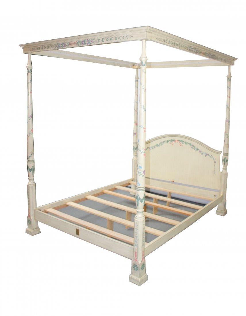 John Widdicomb painted 4 poster queen size canopy bed: John Widdicomb painted 4 poster queen size canopy bed. Overall 90"h x 66"w x 90"l Inside dimension 60 1/2"w x 84"l