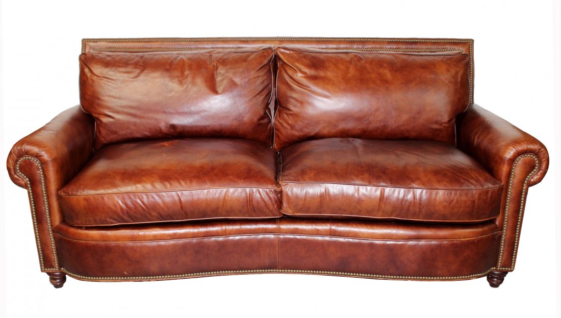 Brown leather rolled arm sofa (1 of 8)