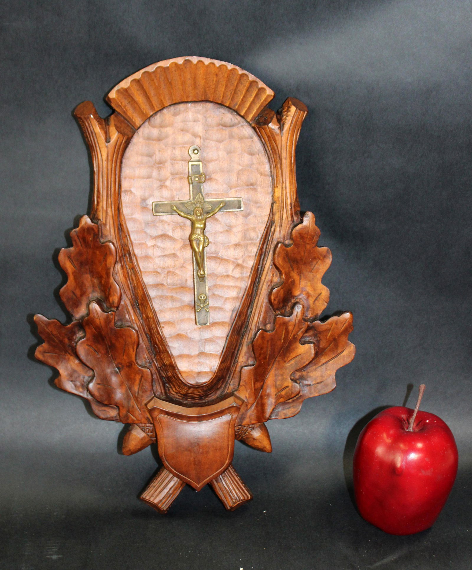 Black Forest carved walnut plaque with crucifix (1 of 6)