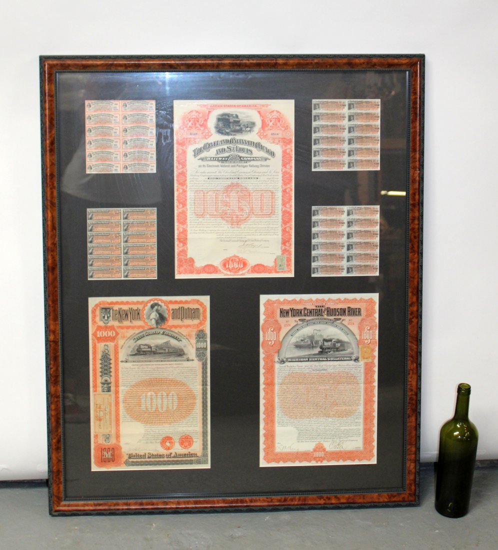 Antique Railroad bonds framed together (1 of 5)