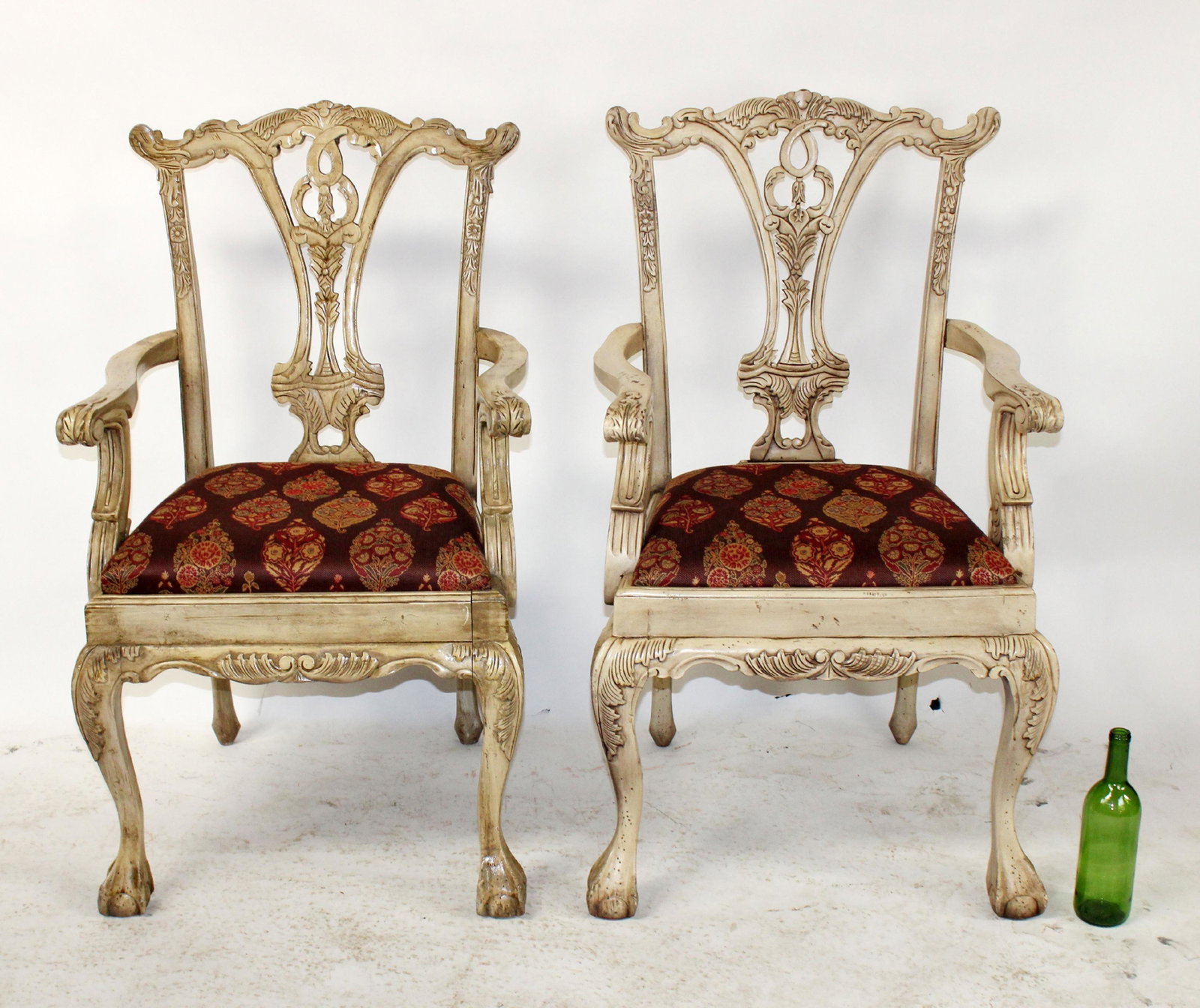 Pair of painted Chippendale style armchairs: Pair of painted Chippendale style armchairs on ball and claw feet. 20th century. 40 1/2""h x 24"d