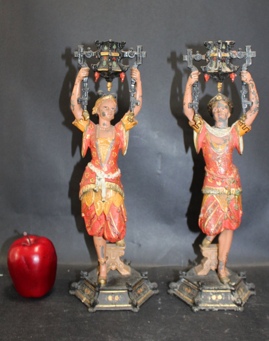 Pair of painted cast iron Orientalist candle holders (1 of 5)