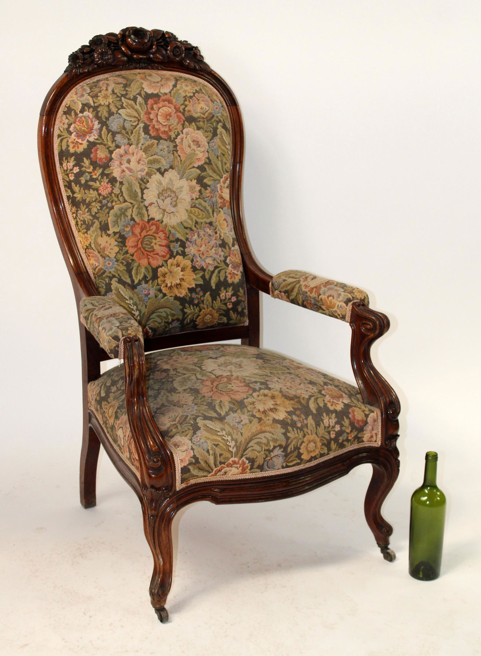 Victorian slipper chair on casters with carved crown (1 of 9)