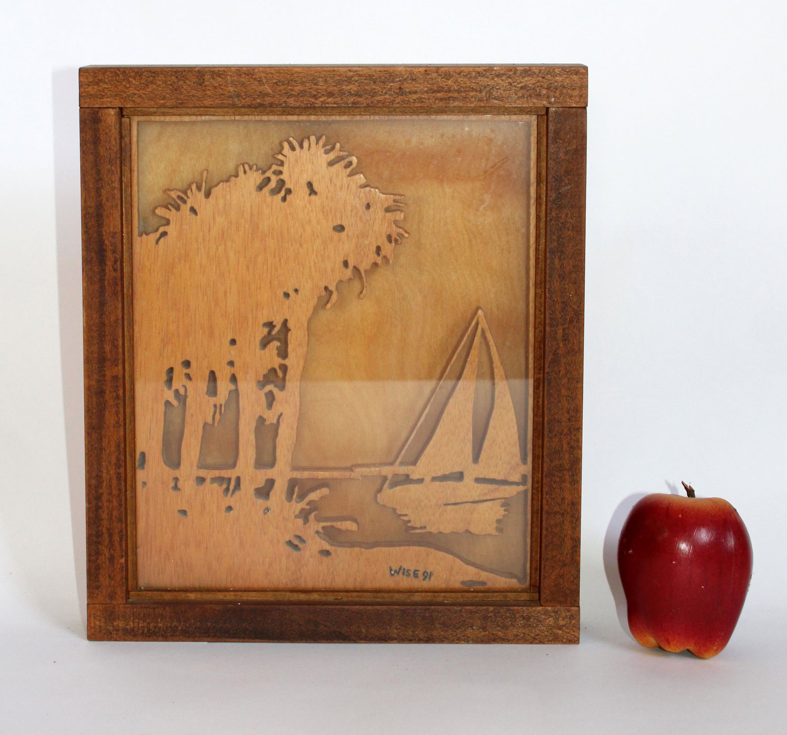 Otis C Wise wood carving in shadowbox: Otis C Wise wood carving in shadowbox depicting sailboat. Late 20th century. 11"h x 9 1/2"w