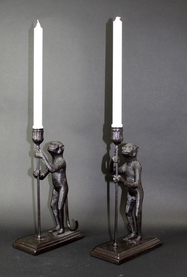 Pair Maitland Smith bronze monkey candlesticks (1 of 9)