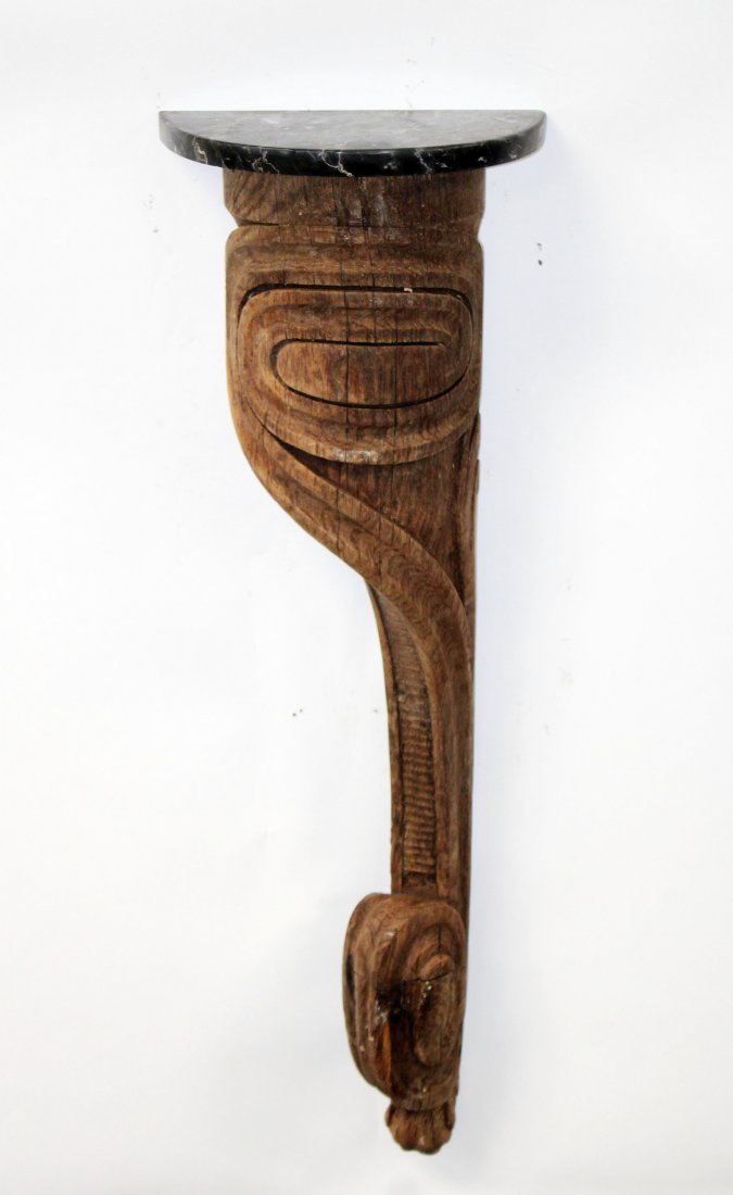 Antique French carved oak wall shelf with marble (1 of 8)