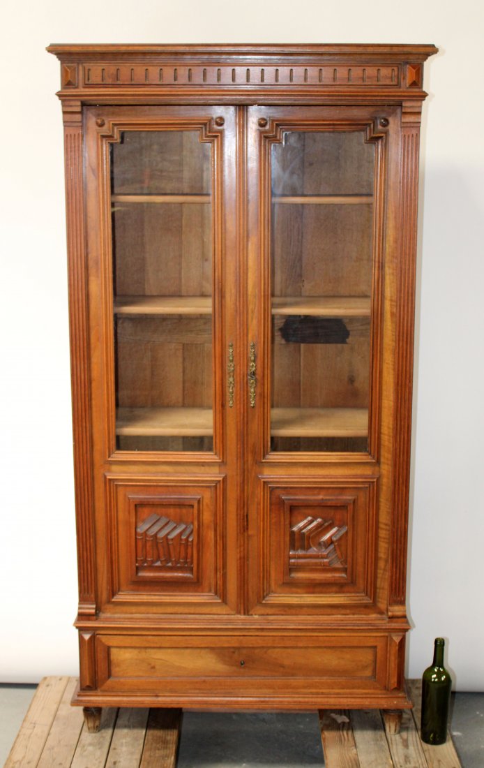 French walnut 2 door bookcase with relief carved books (1 of 9)