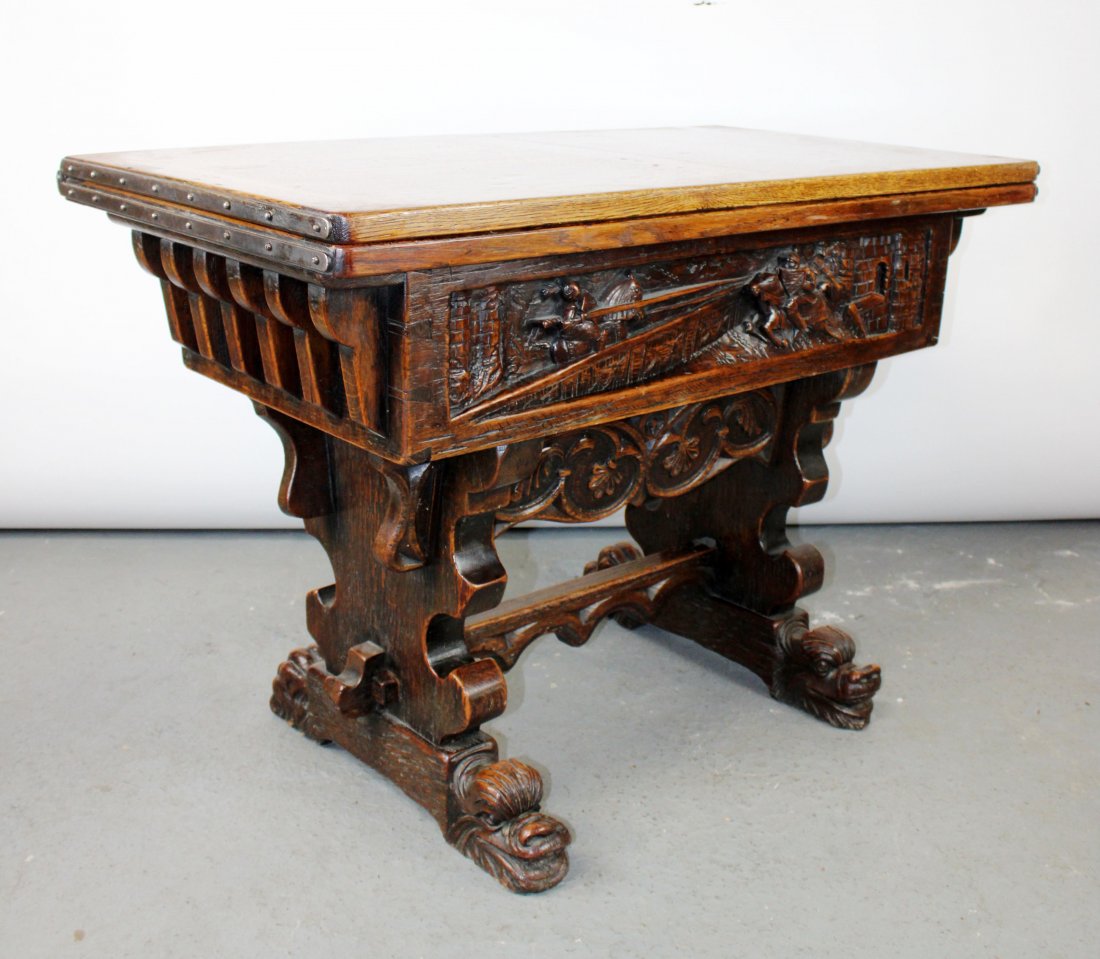 French flip top pub table with relief carved tavern (1 of 15)