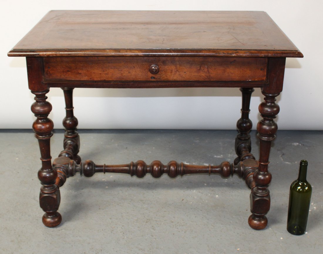 French Louis XIV bureauplat desk in walnut with barley: French Louis XIV bureauplat desk in walnut with barley twist. Late 19th century. 28 5/8"h x 37 3/8"w x 25 1/2"d