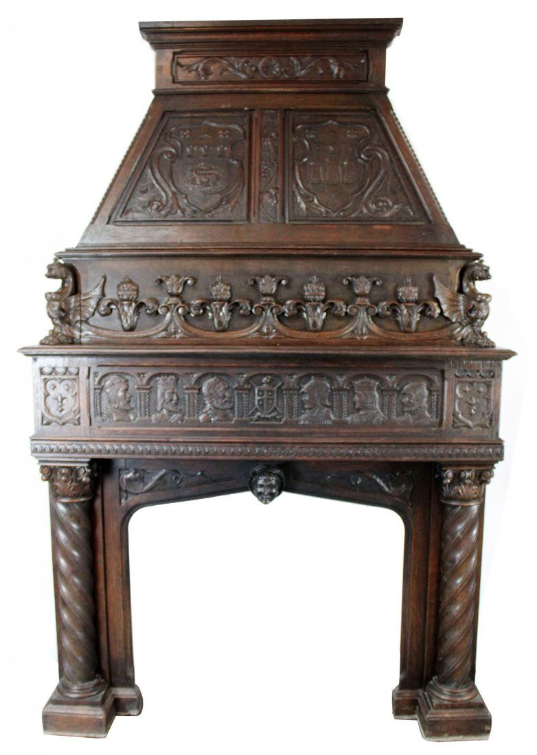 French fireplace mantel in oak with mansard hood. (1 of 15)